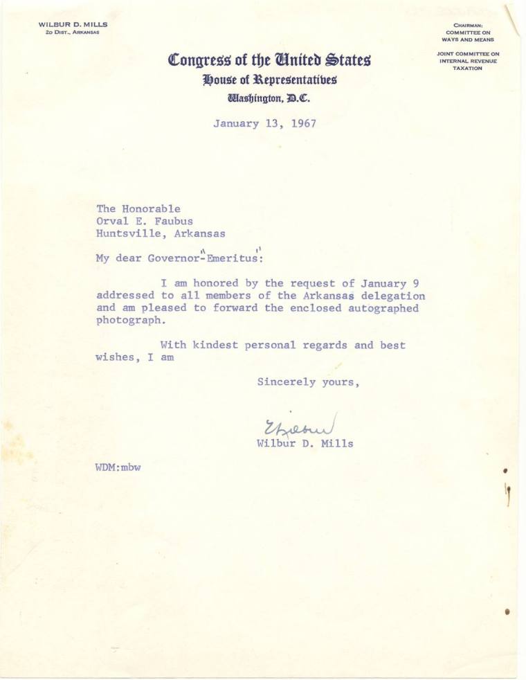 AR Politics - Wilbur Mills letter to Orval Faubus