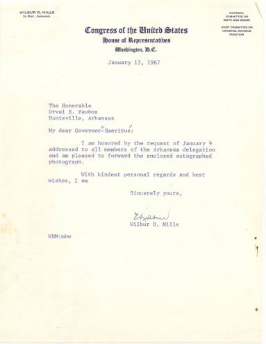 AR Politics - Wilbur Mills letter to Orval Faubus