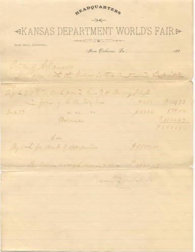 World's Fair - 1884 KS Dept. World's Fair letterhead