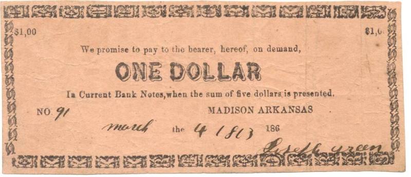 Scrip, Arkansas Confederate - one dollar note