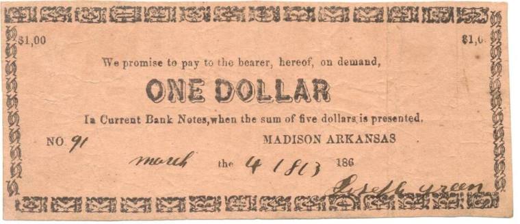 Scrip, Arkansas Confederate - one dollar note