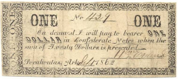 Scrip, Arkansas Confederate - one dollar note