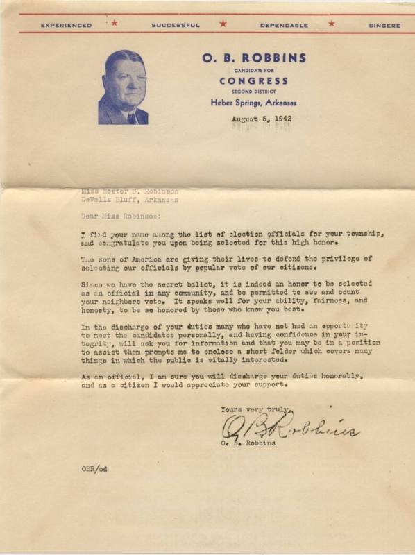 AR Politics - O.B. Robbins letter