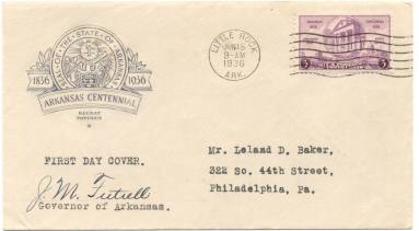 Cover, First Day - Arkansas Centennial signed by Governor J.M. Futrell