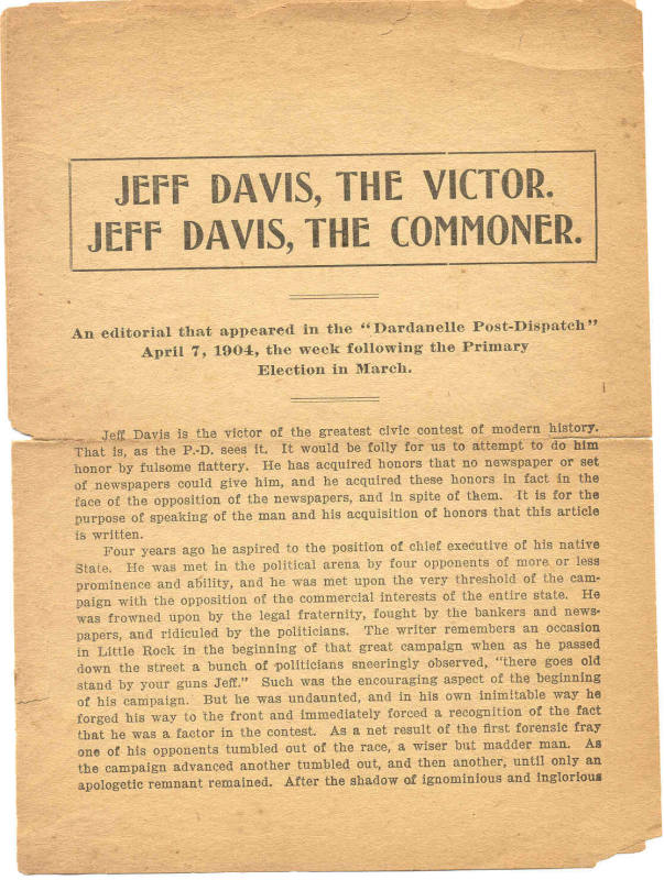 leaflet about Jeff Davis's career as governor