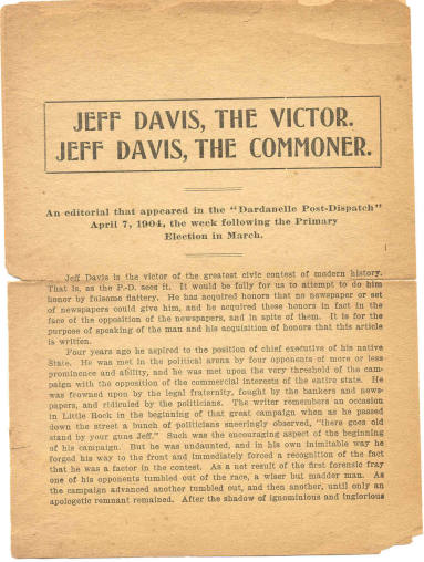 leaflet about Jeff Davis's career as governor