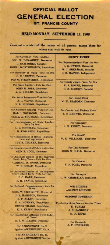 Ballot, Election - 1908 St. Francis County