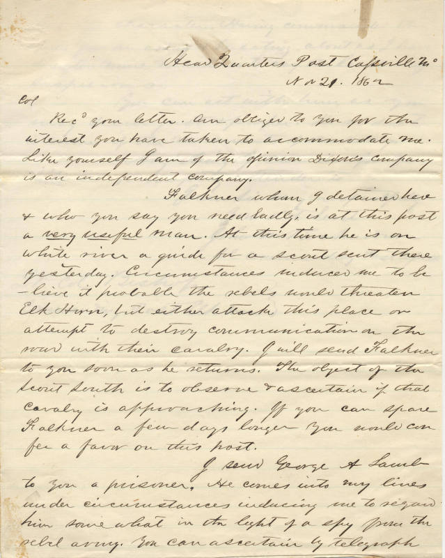 letter from Lt. Col. Bishop to Col. Richardson