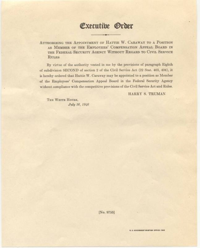 letter - appointment of Hattie Caraway