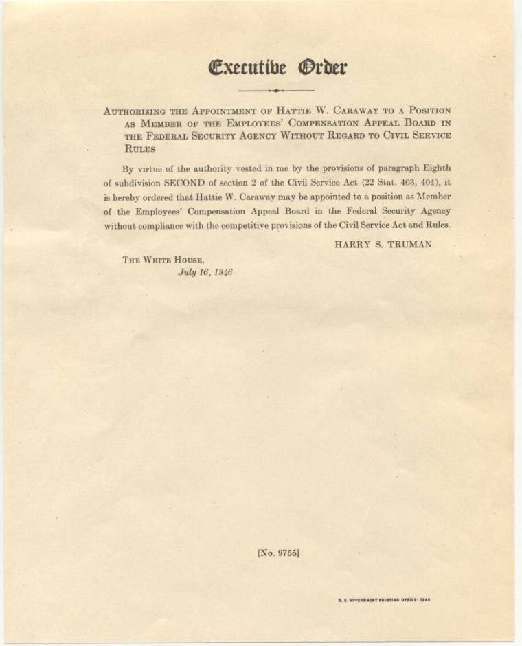 letter - appointment of Hattie Caraway