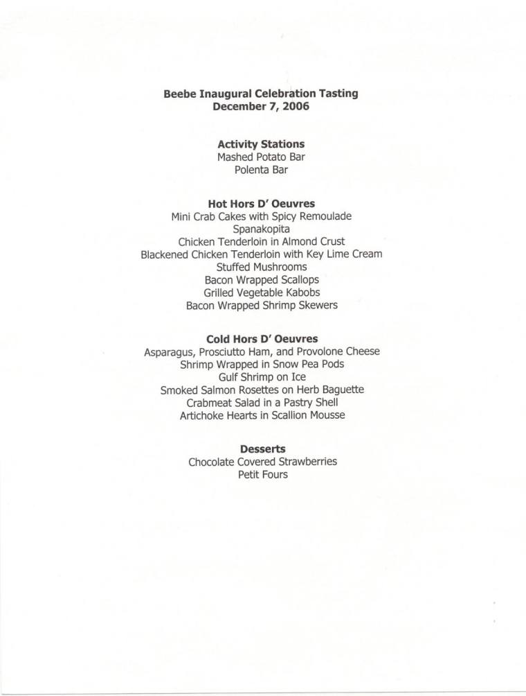 Beebe inaugural tasting menu