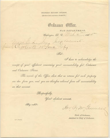 letter from War Dept. Ordinance Office