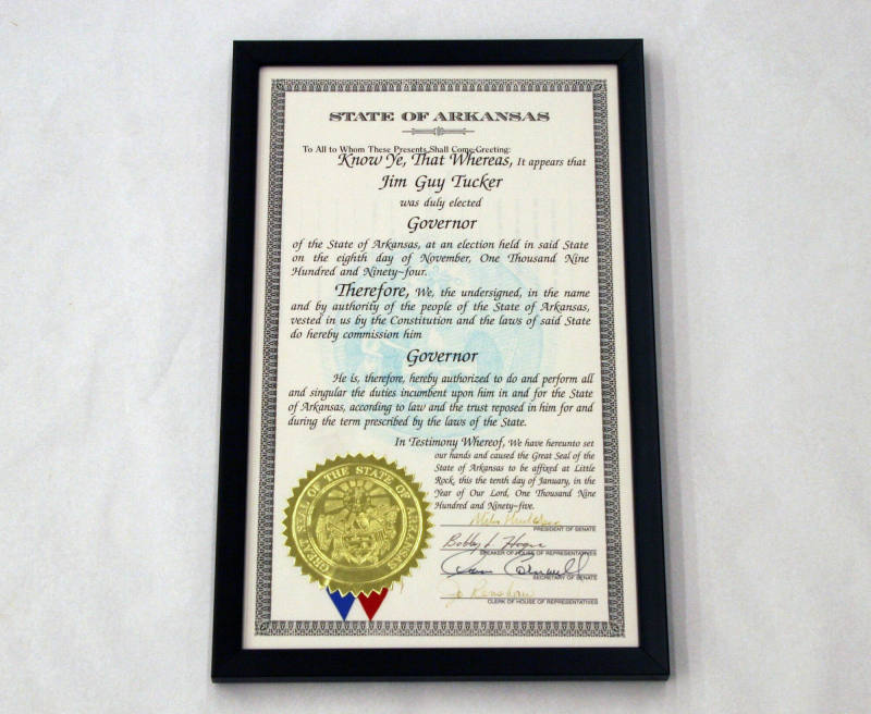 Tucker, framed certificate