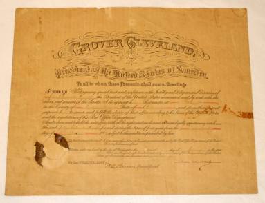 Certificate for Postmaster - signed by Pres. Grover Cleveland