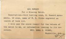 Reward Card.  $20 reward for a stolen gold piece.
