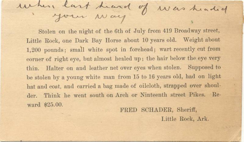 reward card for stolen horse