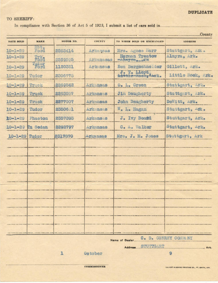 letter & envelope concerning cars sold