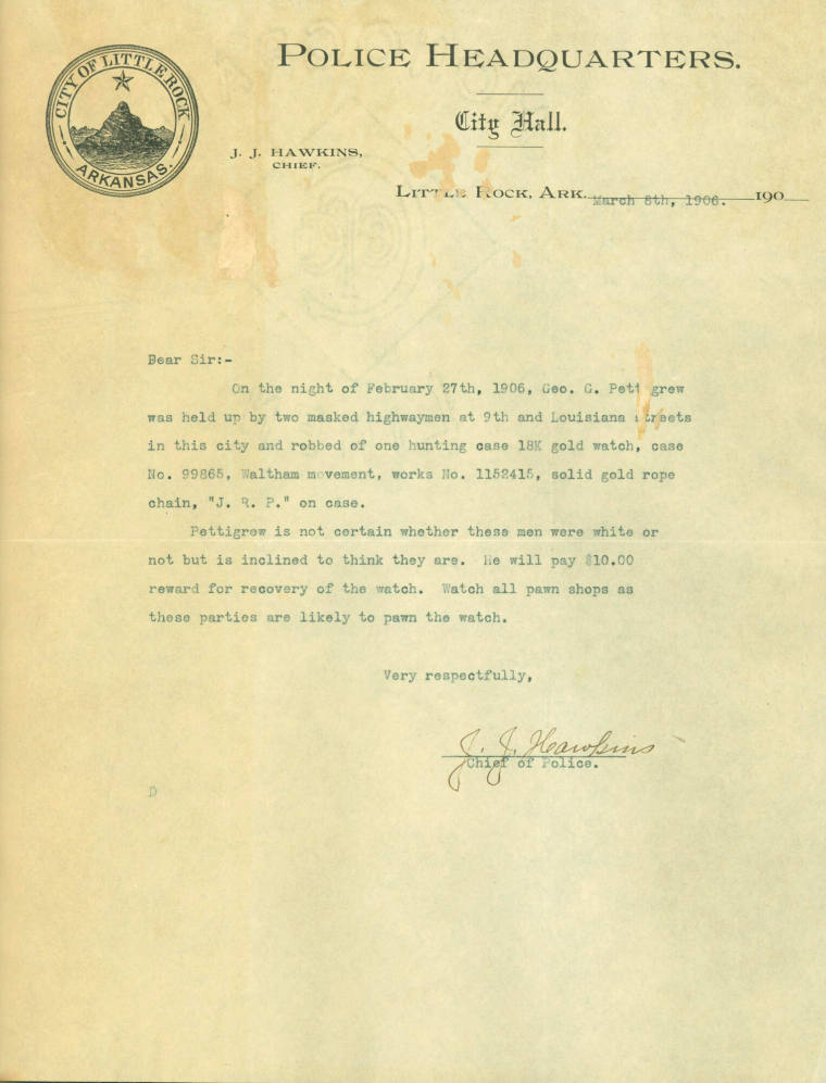 Letter from the Little Rock Chief of Police, J.J. Hawkins