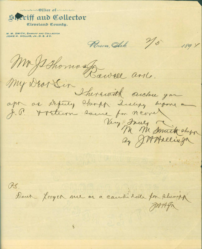 letter from Cleveland Co. Sheriff, M.M. Smith