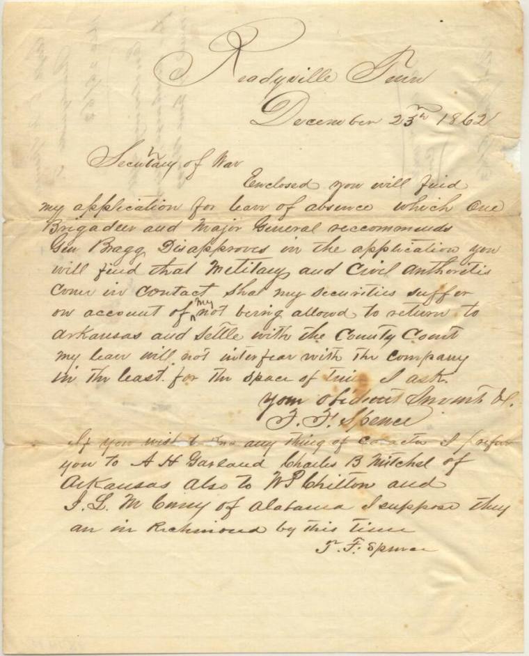 Letter, Tom Spence requesting leave - Spence Family Collection