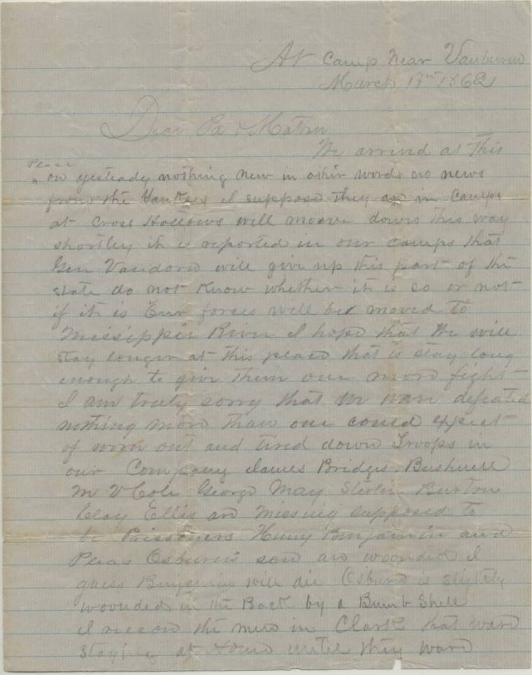 letter from Tom Spence to his parents