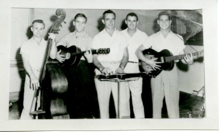 Small black and white photo of Billy Lee Riley Band in 1952.