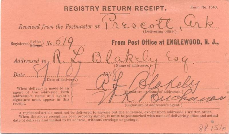 Registry receipt from Prescott postmaster