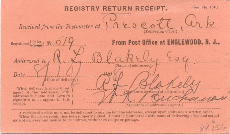 Registry receipt from Prescott postmaster