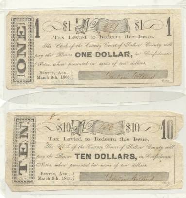 Scrip, Arkansas Confederate - $1 & $10 notes