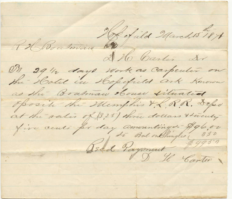 Bill/Receipt from D.H. Carter for carpentry work