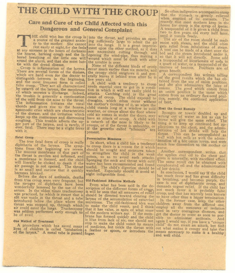 Newspaper Article about "Croup"