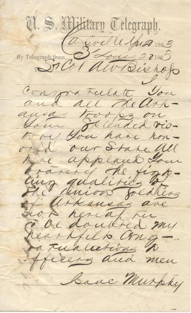 Civil War telegram from AR Gov. Isaac Murphey
