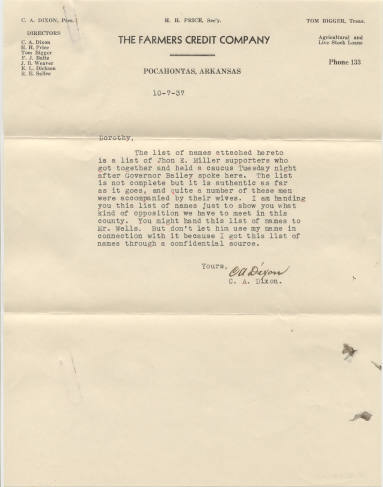 Letter to Dorothy Dixon about John E. Miller supporters