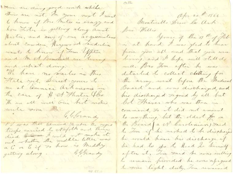 post Civil War letter from C.C. Grandy