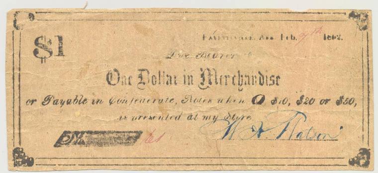 Scrip, Arkansas Confederate - one dollar note