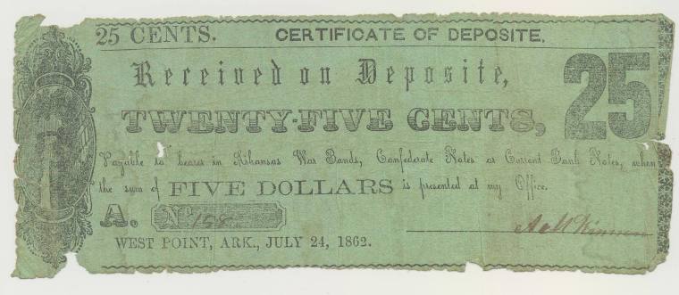 Scrip, Arkansas Confederate - 25 cent note