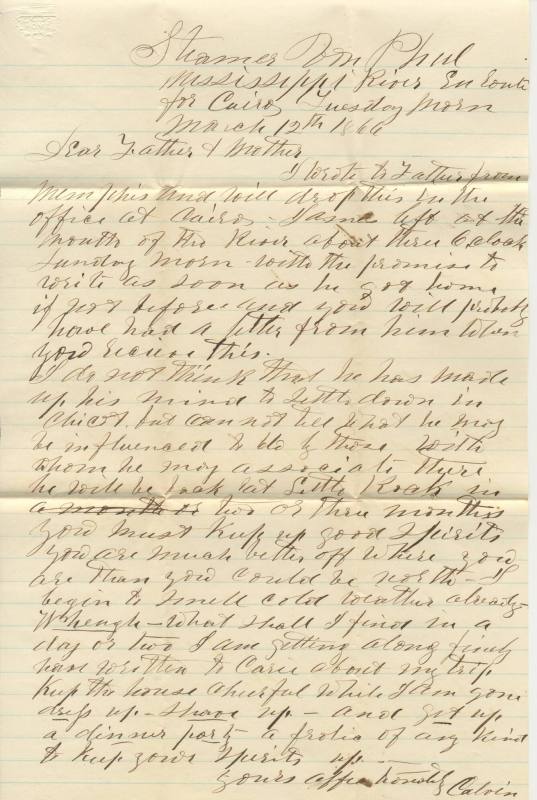 Letter, Calvin Bliss to his parents
