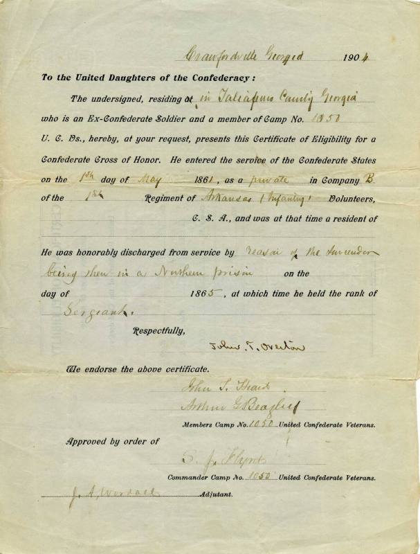 Certificate, U.D.C. Eligibility for Cross of Honor