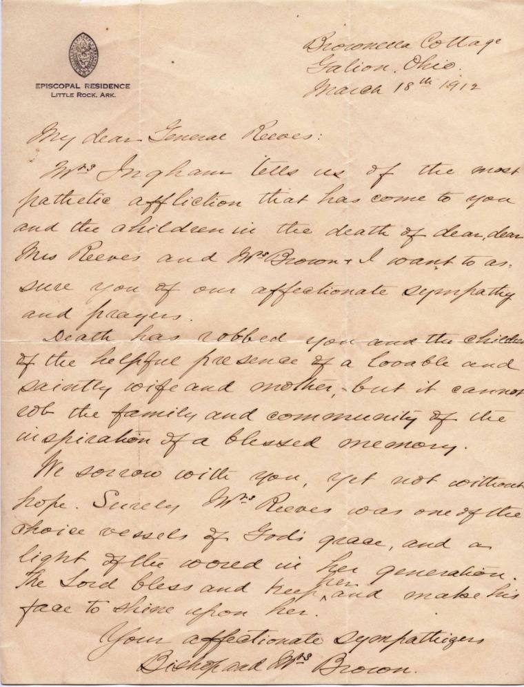 Letter, Bishop Brown - Reeves Collection