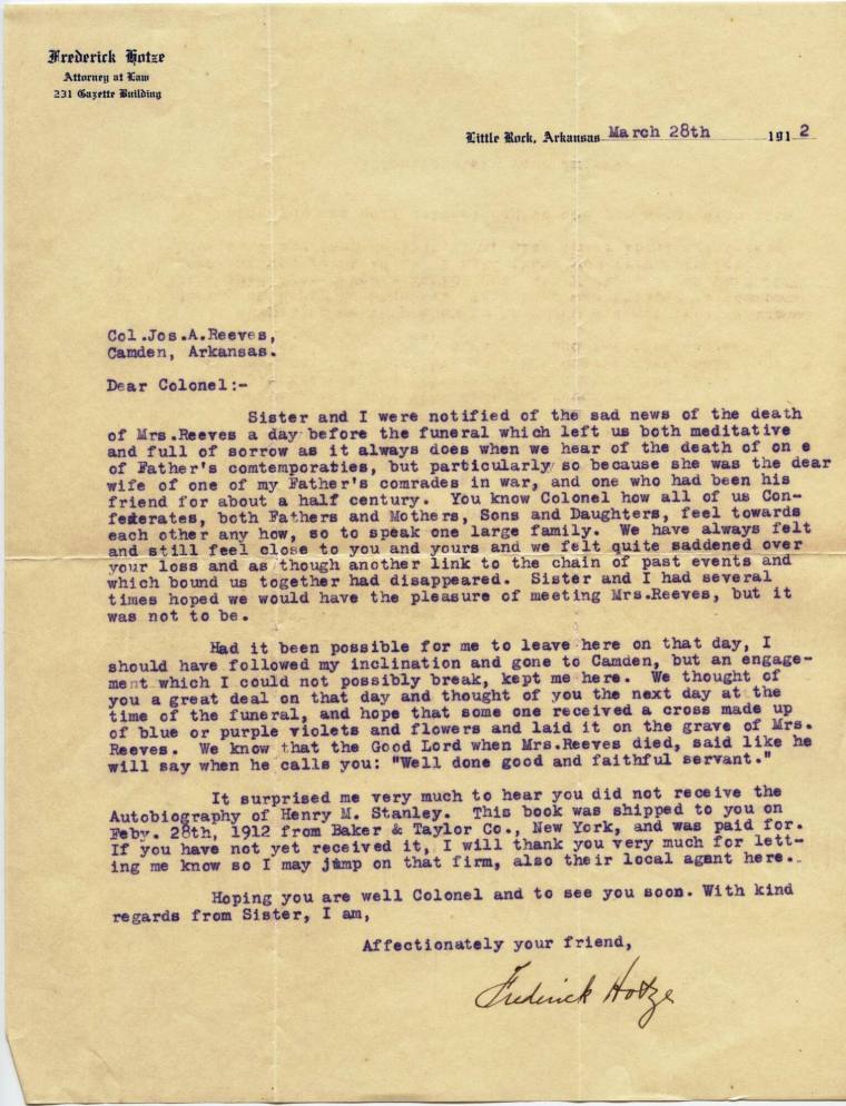 Letter, Hotze - Reeves Collection