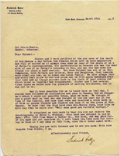 Letter, Hotze - Reeves Collection