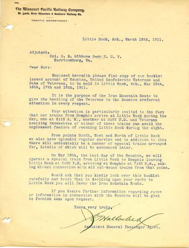 Letter, From MO-Pacific Railway Co. to U.C.V Camp