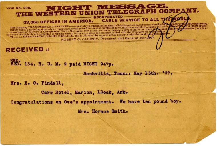 Telegram, Mrs. X.O. Pindall