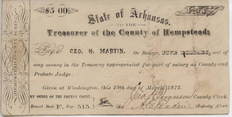 Scrip, Arkansas - Hempstead County $5 note