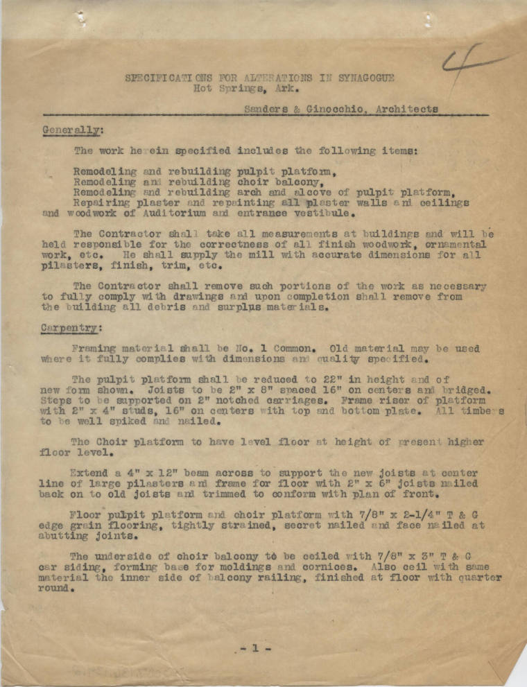 Charles Thompson Work Specifications - Synagogue, Hot Springs