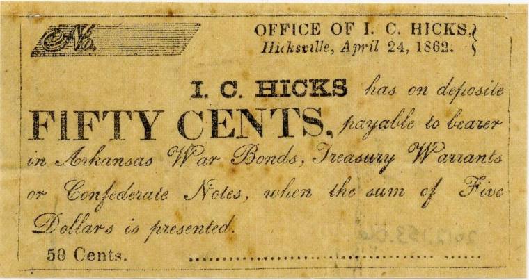 Scrip, Arkansas Confederate - 50 cents, Hicksville