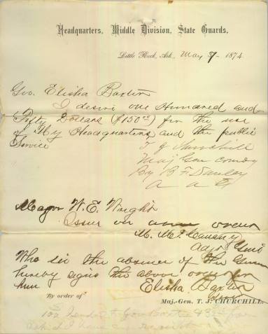 Letter, Correspondence - T.J. Churchill to Elisha Baxter, May 1874