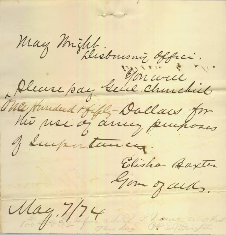 Letter, Correspondence - Elisha Baxter to Mayor Wright, May 1874