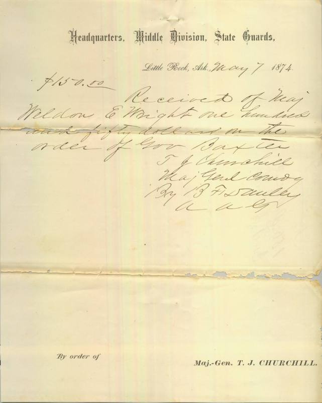 Letter, Correspondence - Receipt of $150 Paid to Churchill, May 1874