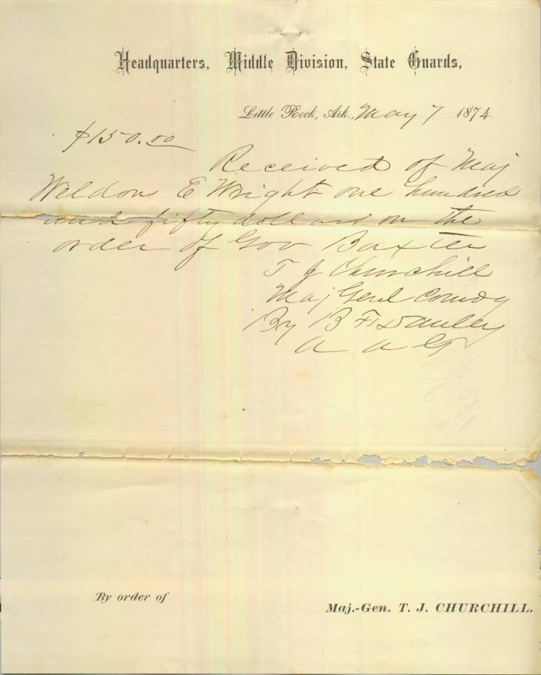 Letter, Correspondence - Receipt of $150 Paid to Churchill, May 1874